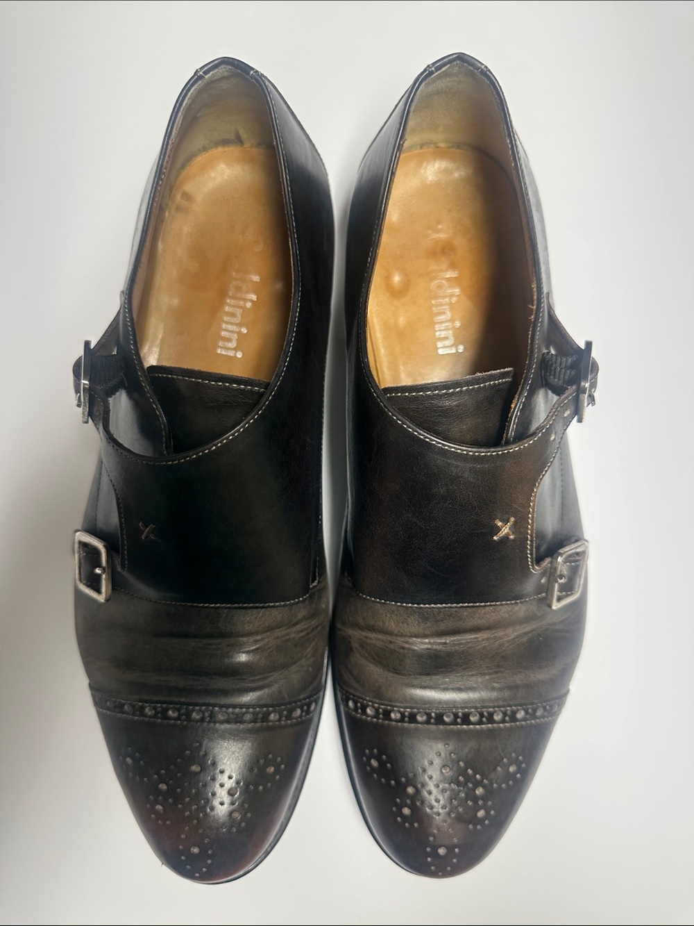Baldinini Black Leather Double Monk Strap Oxfords with Brown Patina